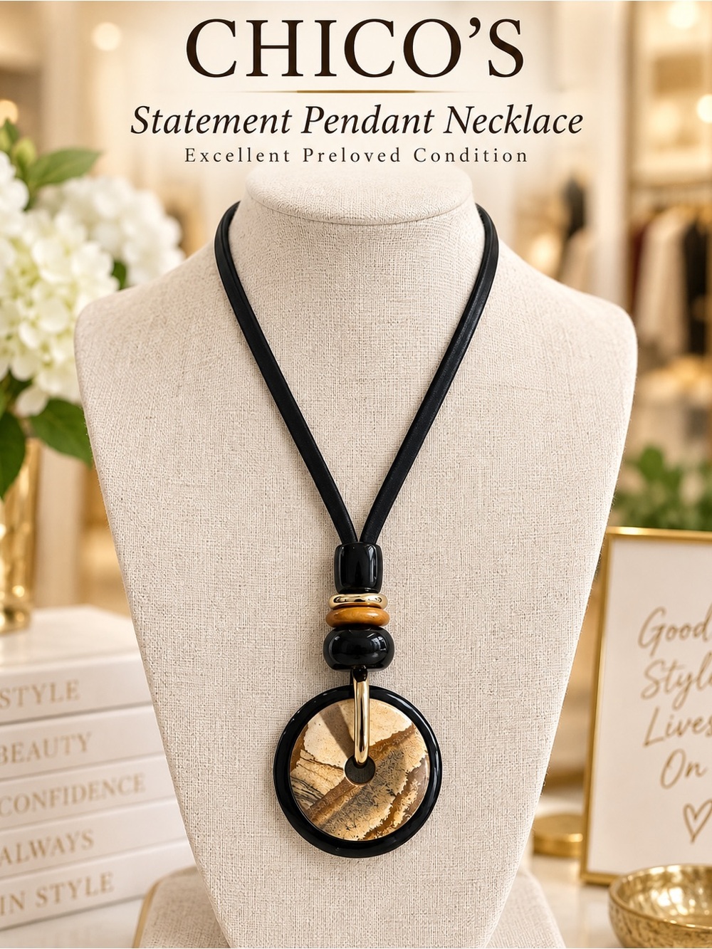 Chico’s Black Cord Natural Stone Look Statement Pendant Necklace